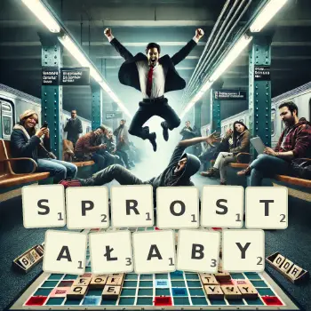Kreatywna ilustracja do gry w Scrabble ze słowem SPROSTAŁABY ułożonym z płytek na planszy.