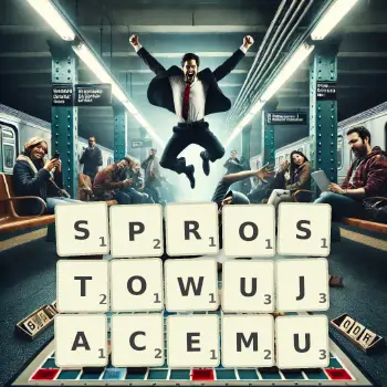 Kreatywna ilustracja do gry w Scrabble ze słowem SPROSTOWUJACEMU ułożonym z płytek na planszy.