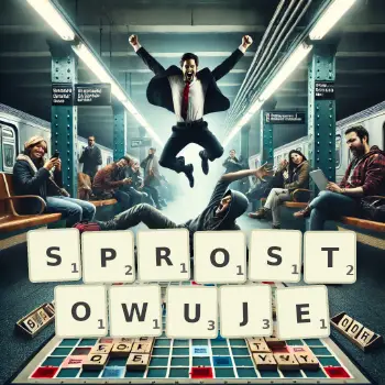 Kreatywna ilustracja do gry w Scrabble ze słowem SPROSTOWUJE ułożonym z płytek na planszy.
