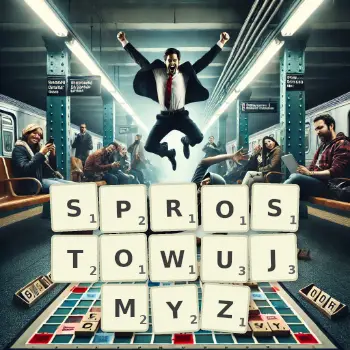 Kreatywna ilustracja do gry w Scrabble ze słowem SPROSTOWUJMYZ ułożonym z płytek na planszy.