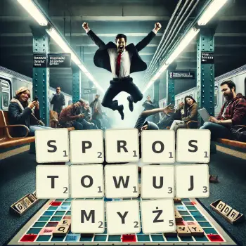 Kreatywna ilustracja do gry w Scrabble ze słowem SPROSTOWUJMYŻ ułożonym z płytek na planszy.