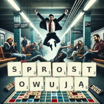Kreatywna ilustracja do gry w Scrabble ze słowem SPROSTOWUJĄ ułożonym z płytek na planszy.