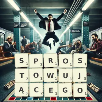 Kreatywna ilustracja do gry w Scrabble ze słowem SPROSTOWUJĄCEGO ułożonym z płytek na planszy.