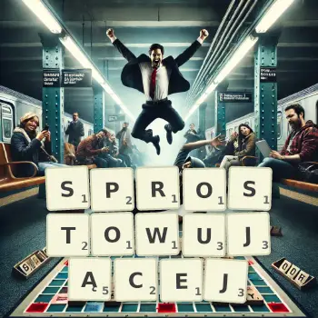 Kreatywna ilustracja do gry w Scrabble ze słowem SPROSTOWUJĄCEJ ułożonym z płytek na planszy.