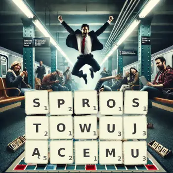 Kreatywna ilustracja do gry w Scrabble ze słowem SPROSTOWUJĄCEMU ułożonym z płytek na planszy.