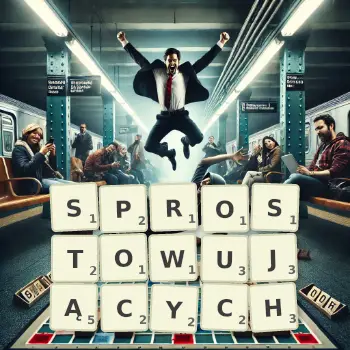 Kreatywna ilustracja do gry w Scrabble ze słowem SPROSTOWUJĄCYCH ułożonym z płytek na planszy.