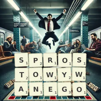 Kreatywna ilustracja do gry w Scrabble ze słowem SPROSTOWYWANEGO ułożonym z płytek na planszy.