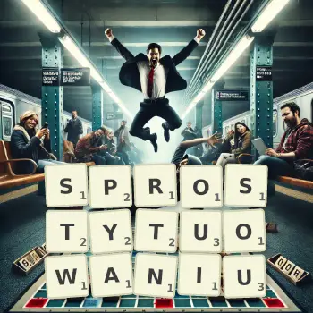 Kreatywna ilustracja do gry w Scrabble ze słowem SPROSTYTUOWANIU ułożonym z płytek na planszy.