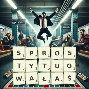 Kreatywna ilustracja do gry w Scrabble ze słowem SPROSTYTUOWAŁAŚ ułożonym z płytek na planszy.