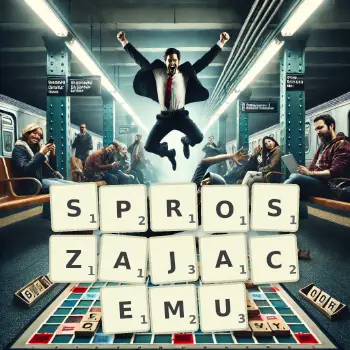 Kreatywna ilustracja do gry w Scrabble ze słowem SPROSZAJACEMU ułożonym z płytek na planszy.