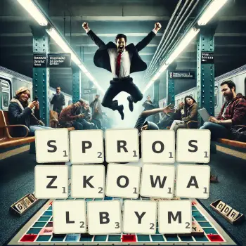 Kreatywna ilustracja do gry w Scrabble ze słowem SPROSZKOWALBYM ułożonym z płytek na planszy.