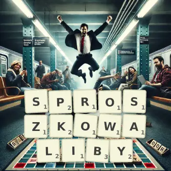 Kreatywna ilustracja do gry w Scrabble ze słowem SPROSZKOWALIBY ułożonym z płytek na planszy.