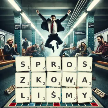 Kreatywna ilustracja do gry w Scrabble ze słowem SPROSZKOWALIŚMY ułożonym z płytek na planszy.
