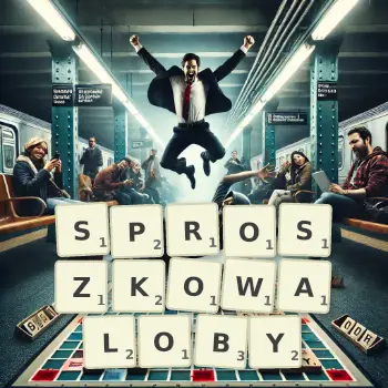 Kreatywna ilustracja do gry w Scrabble ze słowem SPROSZKOWALOBY ułożonym z płytek na planszy.