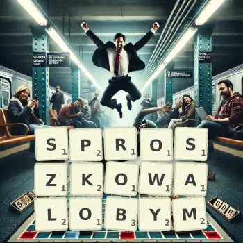 Kreatywna ilustracja do gry w Scrabble ze słowem SPROSZKOWALOBYM ułożonym z płytek na planszy.