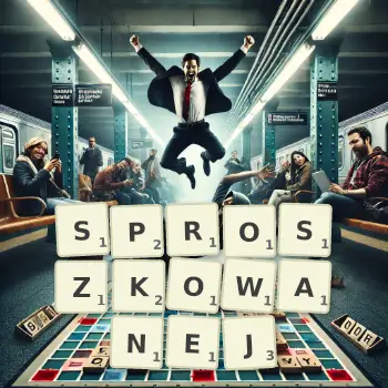 Kreatywna ilustracja do gry w Scrabble ze słowem SPROSZKOWANEJ ułożonym z płytek na planszy.