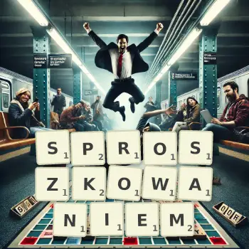 Kreatywna ilustracja do gry w Scrabble ze słowem SPROSZKOWANIEM ułożonym z płytek na planszy.