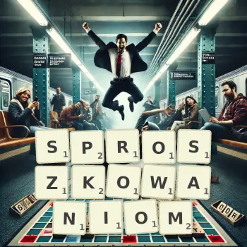 Kreatywna ilustracja do gry w Scrabble ze słowem SPROSZKOWANIOM ułożonym z płytek na planszy.