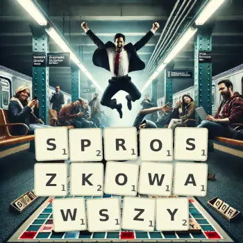 Kreatywna ilustracja do gry w Scrabble ze słowem SPROSZKOWAWSZY ułożonym z płytek na planszy.