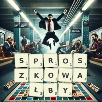 Kreatywna ilustracja do gry w Scrabble ze słowem SPROSZKOWAŁBY ułożonym z płytek na planszy.