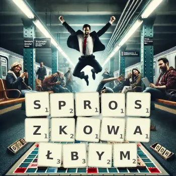 Kreatywna ilustracja do gry w Scrabble ze słowem SPROSZKOWAŁBYM ułożonym z płytek na planszy.