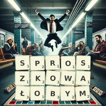 Kreatywna ilustracja do gry w Scrabble ze słowem SPROSZKOWAŁOBYM ułożonym z płytek na planszy.