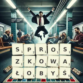 Kreatywna ilustracja do gry w Scrabble ze słowem SPROSZKOWAŁOBYŚ ułożonym z płytek na planszy.