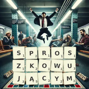 Kreatywna ilustracja do gry w Scrabble ze słowem SPROSZKOWUJĄCYM ułożonym z płytek na planszy.