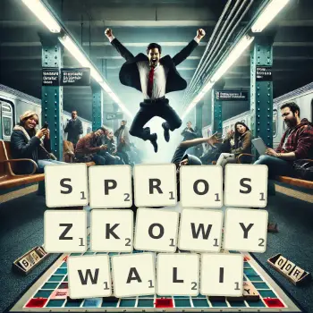 Kreatywna ilustracja do gry w Scrabble ze słowem SPROSZKOWYWALI ułożonym z płytek na planszy.