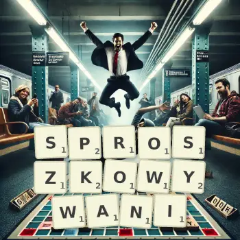 Kreatywna ilustracja do gry w Scrabble ze słowem SPROSZKOWYWANI ułożonym z płytek na planszy.