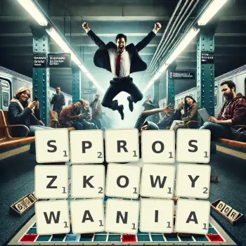 Kreatywna ilustracja do gry w Scrabble ze słowem SPROSZKOWYWANIA ułożonym z płytek na planszy.