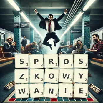 Kreatywna ilustracja do gry w Scrabble ze słowem SPROSZKOWYWANIE ułożonym z płytek na planszy.