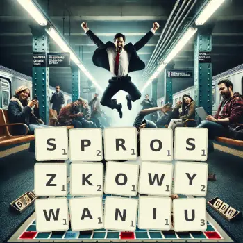 Kreatywna ilustracja do gry w Scrabble ze słowem SPROSZKOWYWANIU ułożonym z płytek na planszy.