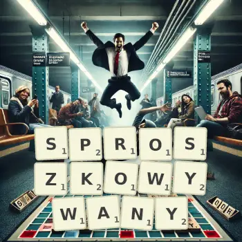 Kreatywna ilustracja do gry w Scrabble ze słowem SPROSZKOWYWANY ułożonym z płytek na planszy.
