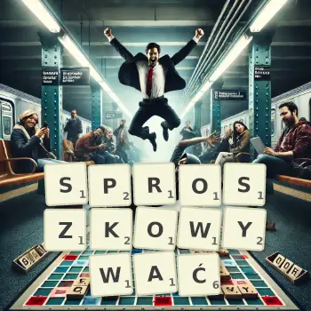Kreatywna ilustracja do gry w Scrabble ze słowem SPROSZKOWYWAĆ ułożonym z płytek na planszy.
