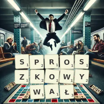 Kreatywna ilustracja do gry w Scrabble ze słowem SPROSZKOWYWAŁ ułożonym z płytek na planszy.