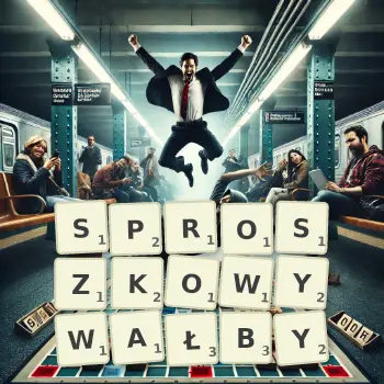 Kreatywna ilustracja do gry w Scrabble ze słowem SPROSZKOWYWAŁBY ułożonym z płytek na planszy.