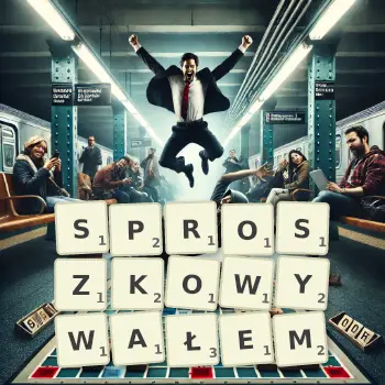 Kreatywna ilustracja do gry w Scrabble ze słowem SPROSZKOWYWAŁEM ułożonym z płytek na planszy.