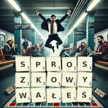 Kreatywna ilustracja do gry w Scrabble ze słowem SPROSZKOWYWAŁEŚ ułożonym z płytek na planszy.