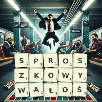 Kreatywna ilustracja do gry w Scrabble ze słowem SPROSZKOWYWAŁOŚ ułożonym z płytek na planszy.