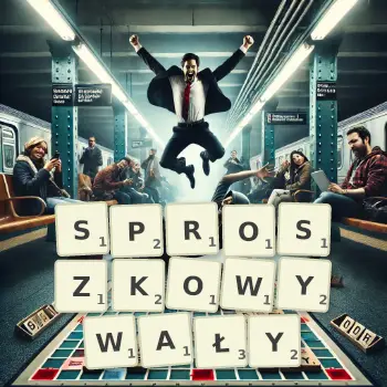 Kreatywna ilustracja do gry w Scrabble ze słowem SPROSZKOWYWAŁY ułożonym z płytek na planszy.