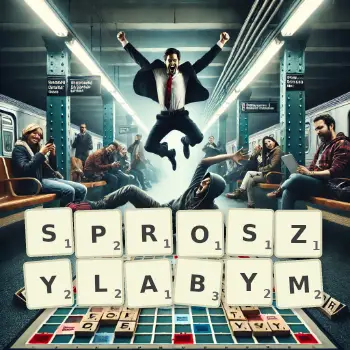 Kreatywna ilustracja do gry w Scrabble ze słowem SPROSZYLABYM ułożonym z płytek na planszy.
