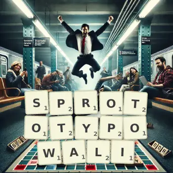 Kreatywna ilustracja do gry w Scrabble ze słowem SPROTOTYPOWALI ułożonym z płytek na planszy.