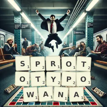 Kreatywna ilustracja do gry w Scrabble ze słowem SPROTOTYPOWANA ułożonym z płytek na planszy.