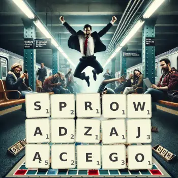 Kreatywna ilustracja do gry w Scrabble ze słowem SPROWADZAJĄCEGO ułożonym z płytek na planszy.