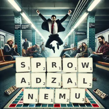 Kreatywna ilustracja do gry w Scrabble ze słowem SPROWADZALNEMU ułożonym z płytek na planszy.