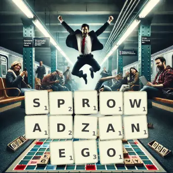 Kreatywna ilustracja do gry w Scrabble ze słowem SPROWADZANEGO ułożonym z płytek na planszy.