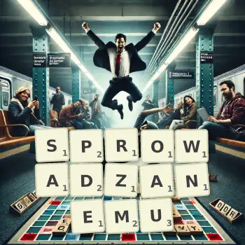 Kreatywna ilustracja do gry w Scrabble ze słowem SPROWADZANEMU ułożonym z płytek na planszy.