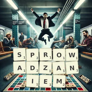 Kreatywna ilustracja do gry w Scrabble ze słowem SPROWADZANIEM ułożonym z płytek na planszy.