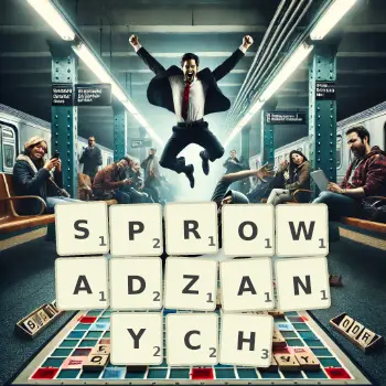 Kreatywna ilustracja do gry w Scrabble ze słowem SPROWADZANYCH ułożonym z płytek na planszy.